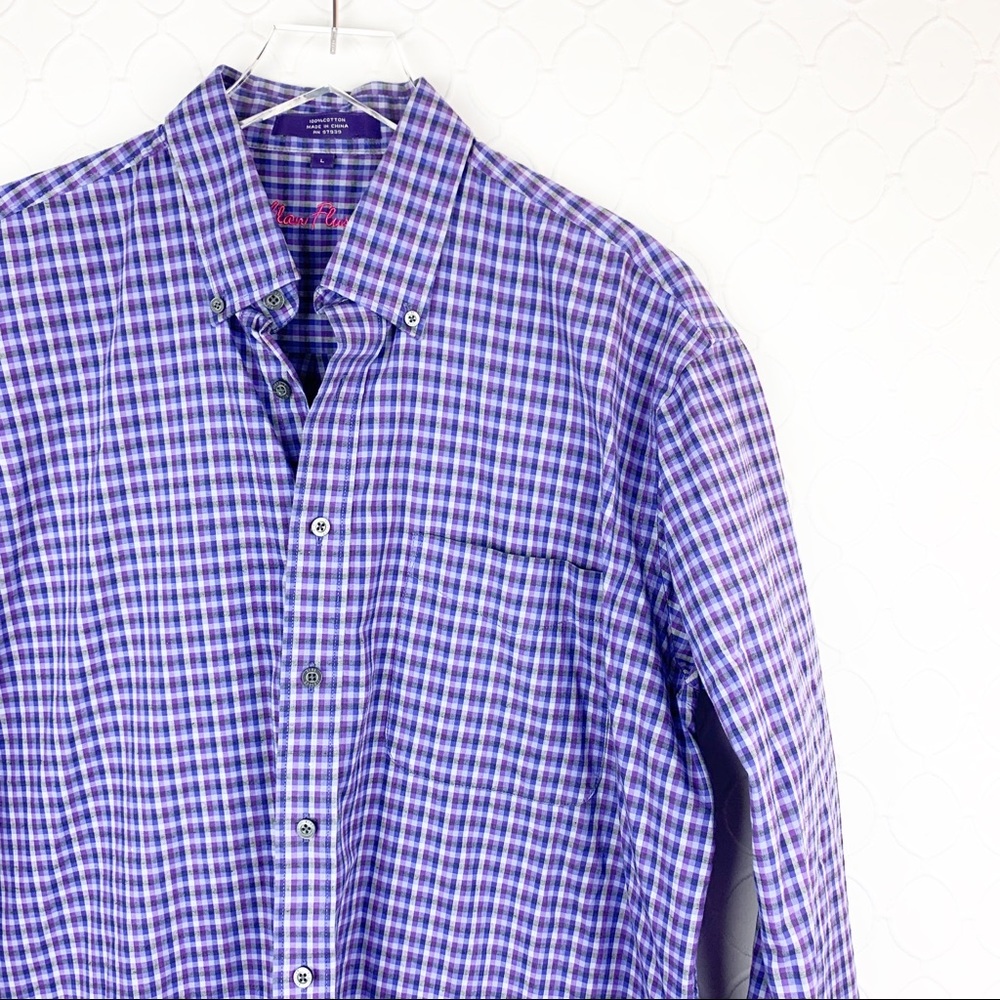 Alan Flusser Purple Plaid Gingham Button Down Large - Picture 2 of 4